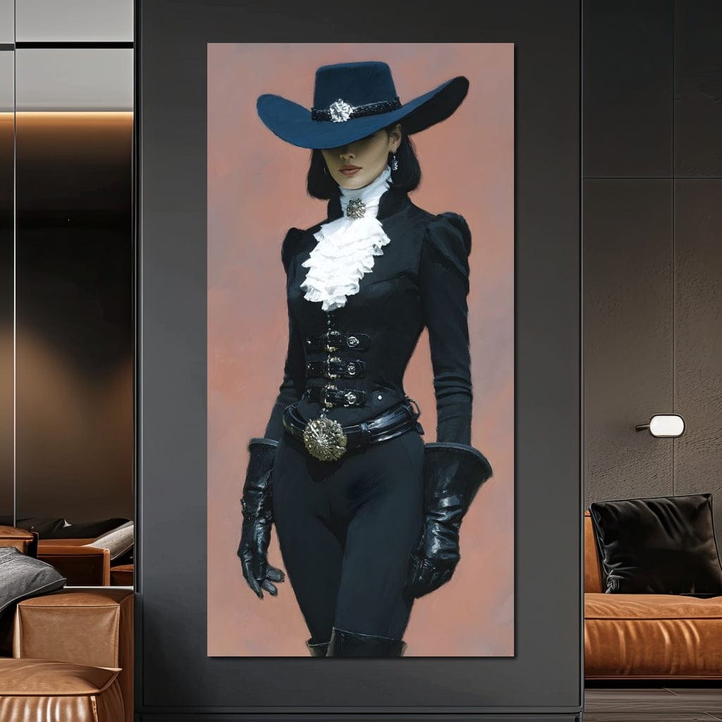 Tablou Canvas Premium, LuxCanva® G1225, Aristocrata Intunericului, Eleganta, Doamna, Palarie, Costum, Negru, Manusi, Mister, Puternica, Rafinata, Autoritara, Lux, Cavaleresc, Salon, Birou, Living, Dormitor