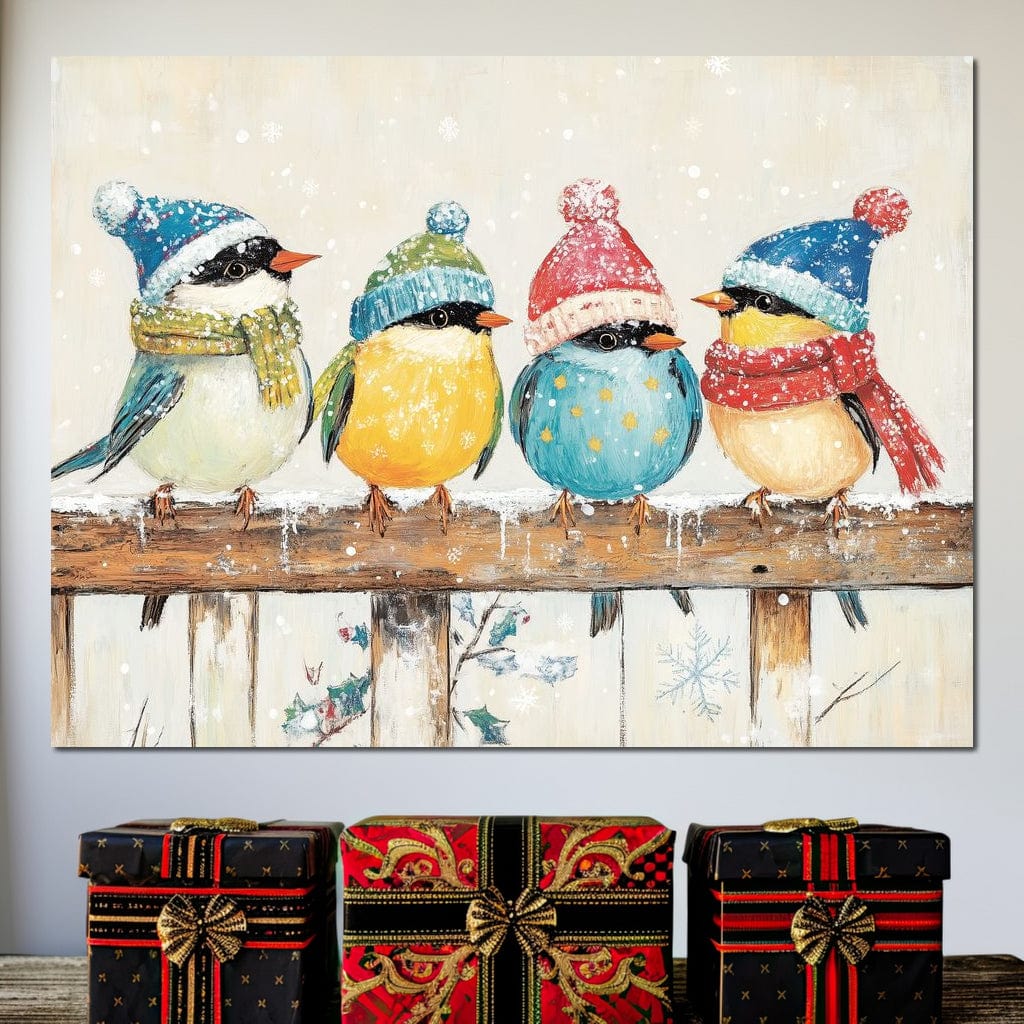 Tablou Canvas Premium LuxCanva® D1045, Moda Iernii pentru Inaripati , Vrabiute, Iarna, Prieteni, Zapada, Discutii, Living Room, Culori vibrante