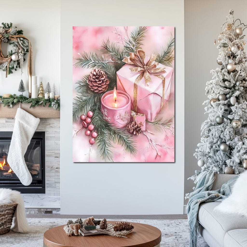 Tablou Canvas Premium, LuxCanva® D1077, Freamat de Sarbatoare, Daruri, Roz, Simboluri, Traditional, Farmec, Con, Brad, Ramuri, Lumanare, Aprinsa, Funda, Auriu, Masa, Camera Copil, Living, Dormitor