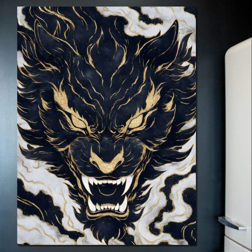 tablou canvas cu un cap de tigru desenat in stil oriental, in nuante de auriu si albastru inchis, pe fundal deschis stil marmura