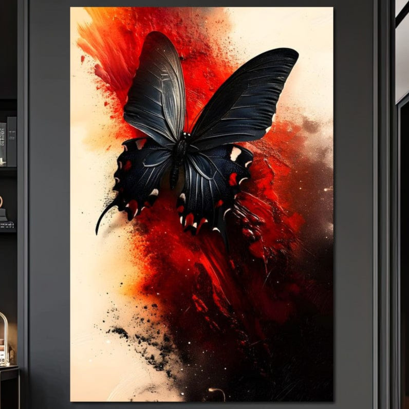 tablou canvas cu un fluture negru pe fundal rosu abstract, stil pictura in stropi de culoare 