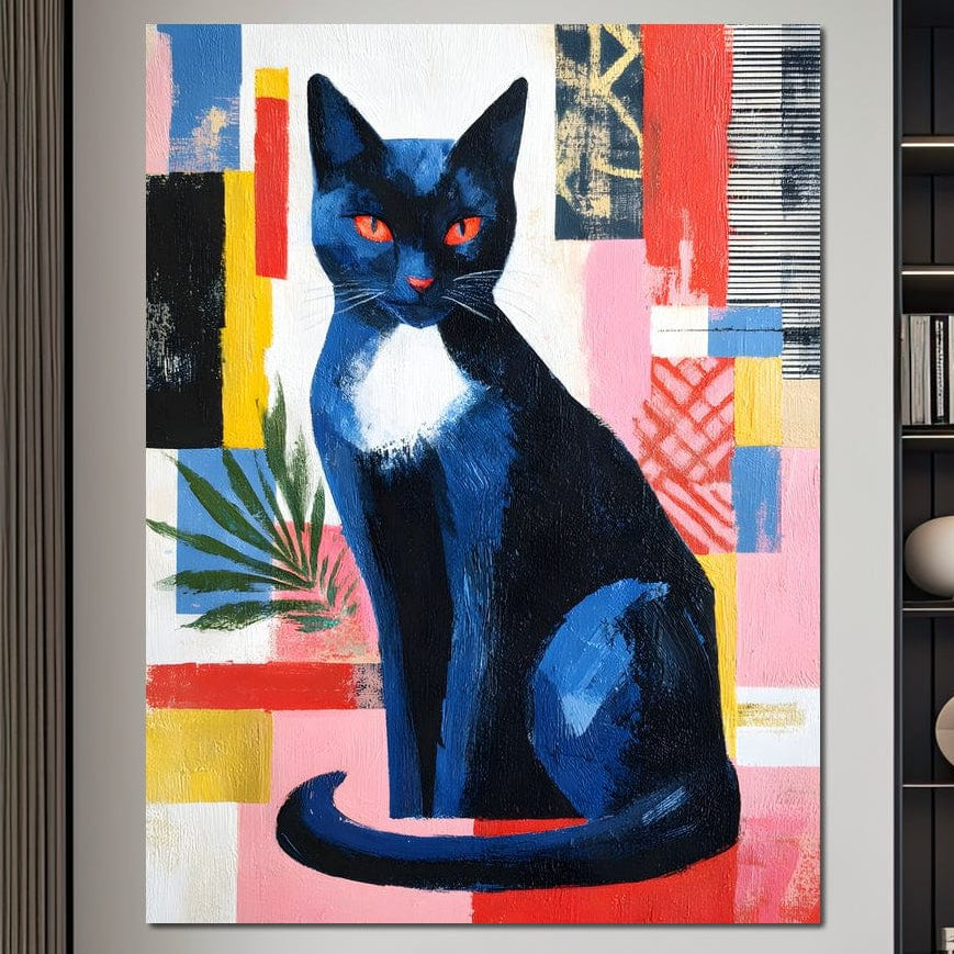 tablou canvas cu o pisica neagra cu ochii rosii, pe fundal abstract multicolor