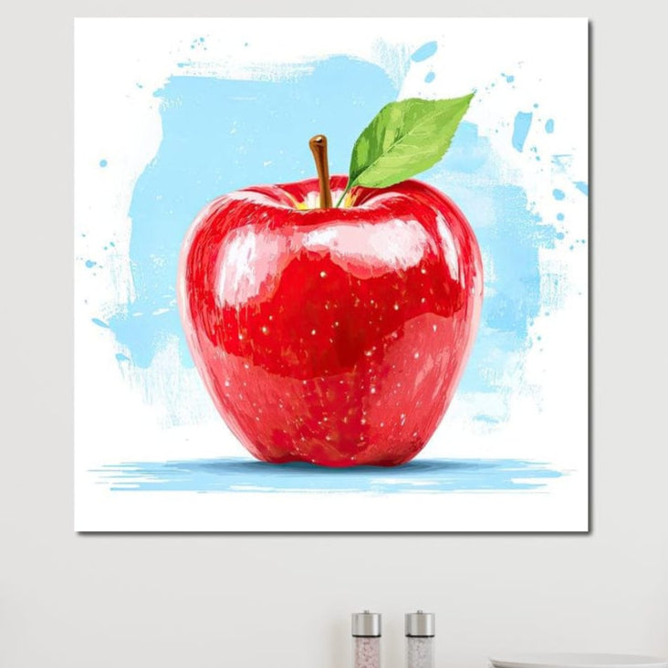 tablou canvas cu un mar rosu cu frunza verde, pictat pe fundal deschis cu accente de albastru deschis