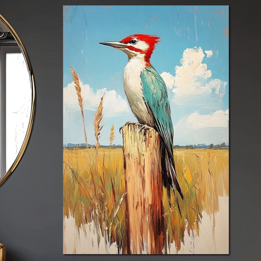 tablou canvas cu o ciocanitoare pe un stalp de lemn, intr-un peisaj rustic de campie