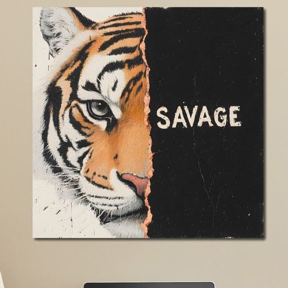 tablou canvas cu jumatatea unui chip de tigru, iar pe cealalta jumatate un text alb pe fundal negru