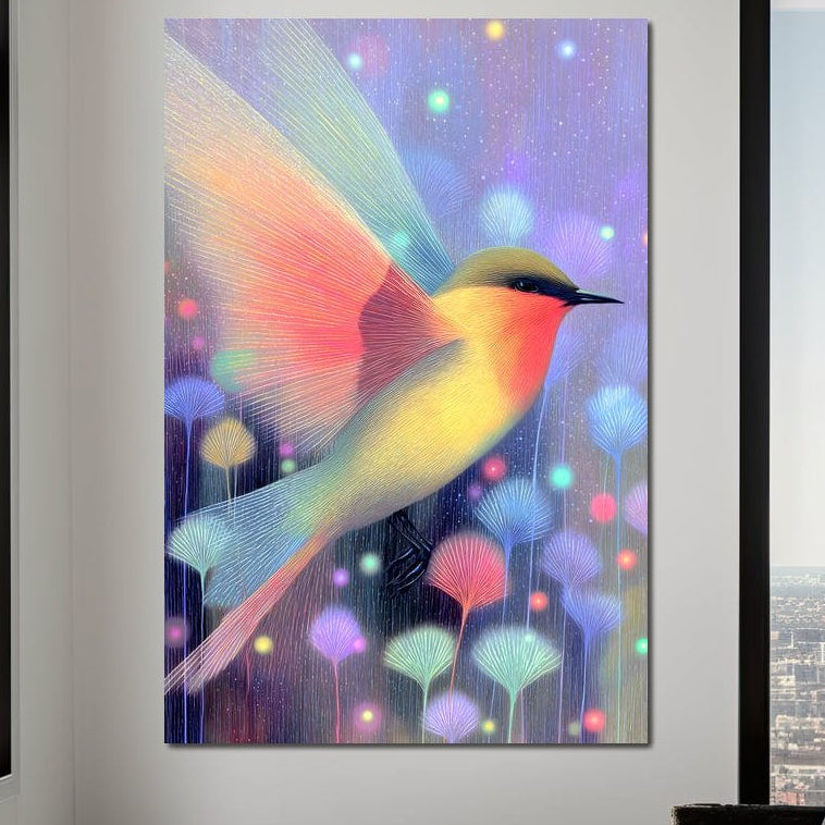 tablou canvas cu o pasare mistica in zbor, redata in culori pastelate si vibrante, pe fundal abstract sclipitor si multicolor