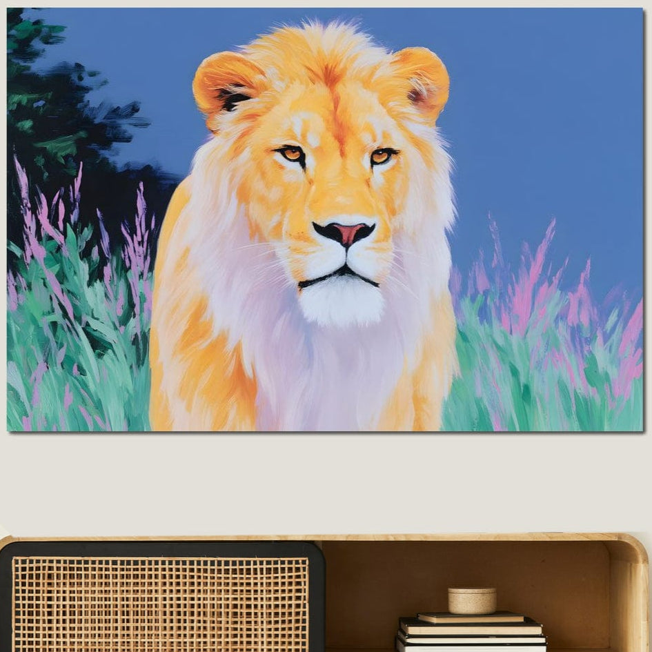 tablou canvas cu un leu pictat in nuante pastelate, pe fundal natural cu flori si cer senin