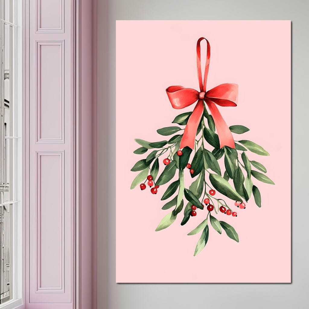 Tablou Canvas Premium, LuxCanva® D1082, Ramura cu Funda Rosie, Christmas, Planta, Bradut, Frunze, Festiv, Elegant, Roz, Iarna, Anotimp, Simplitate, Verde, Atmosfera, Camera Copil, Living, Dormitor