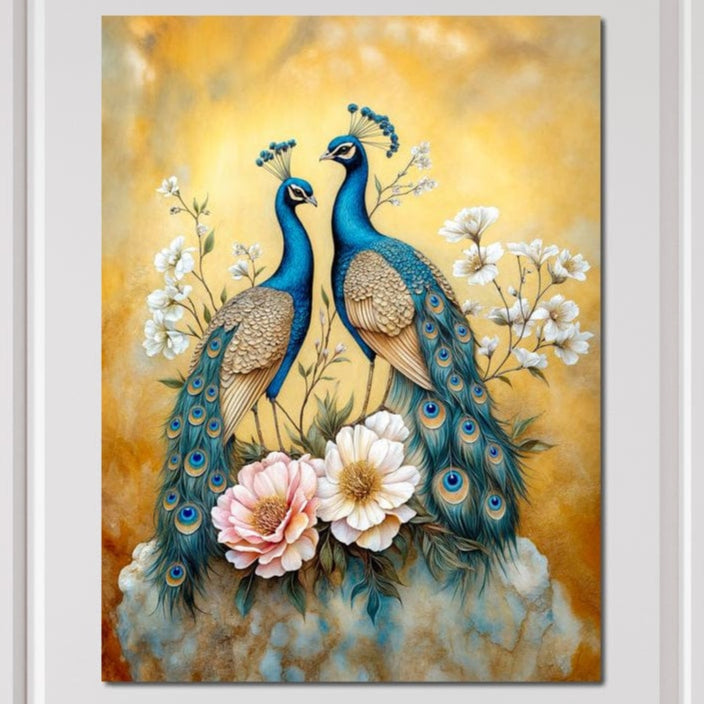 tablou canvas cu doi pauni eleganti inconjurati de flori albe pe fundal auriu