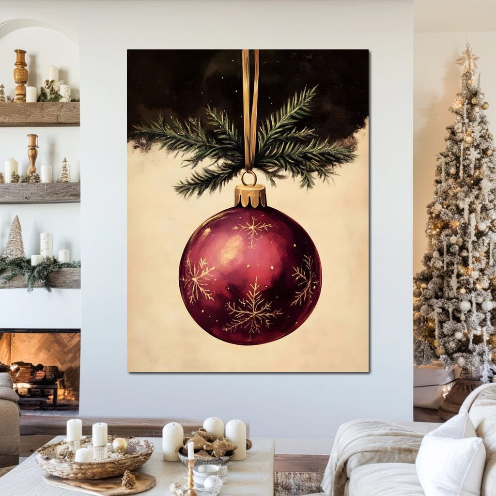 Tablou Canvas Premium, LuxCanva® D1078, Glob Regal, Stralucire, Visiniu, Frumusete, Aur, Rosu, Ramura, Verde, Brad, Podoaba, Iarna, Festiv, Panglica, Atemporal, Clasic, Camera Copil, Living, Dormitor