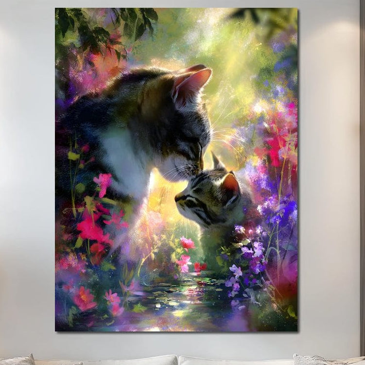 tablou canvas cu doua pisici, mama si pui, intr-o gradina cuprinsa de raze de soare si bogata in flori multicolore, intr-un peisaj paradisiac