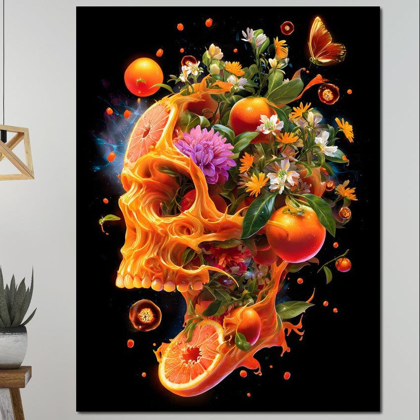 tablou canvas cu un craniu cuprins de flori, portocale si fluturi pe fundal negru