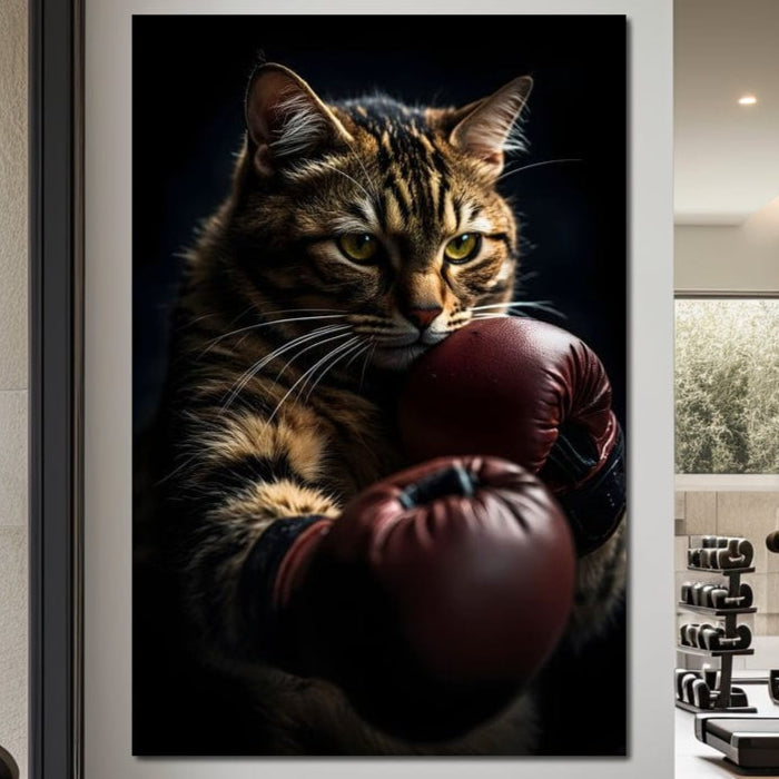 tablou canvas cu o pisica tigrata cu manusi de box rosii,pe fundal negru clasic