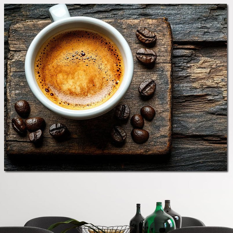tablou canvas cu o ceasca de cafea espresso, pe un suport de lemn cu boabe de cafea, pe fundal rustic