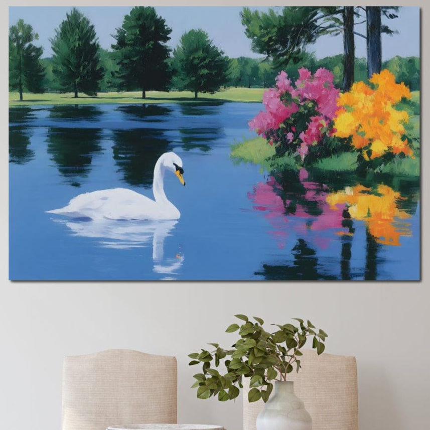 tablou canvas cu o lebada pe un lac albastru, intr-un peisaj cu copaci si flori viu colorate