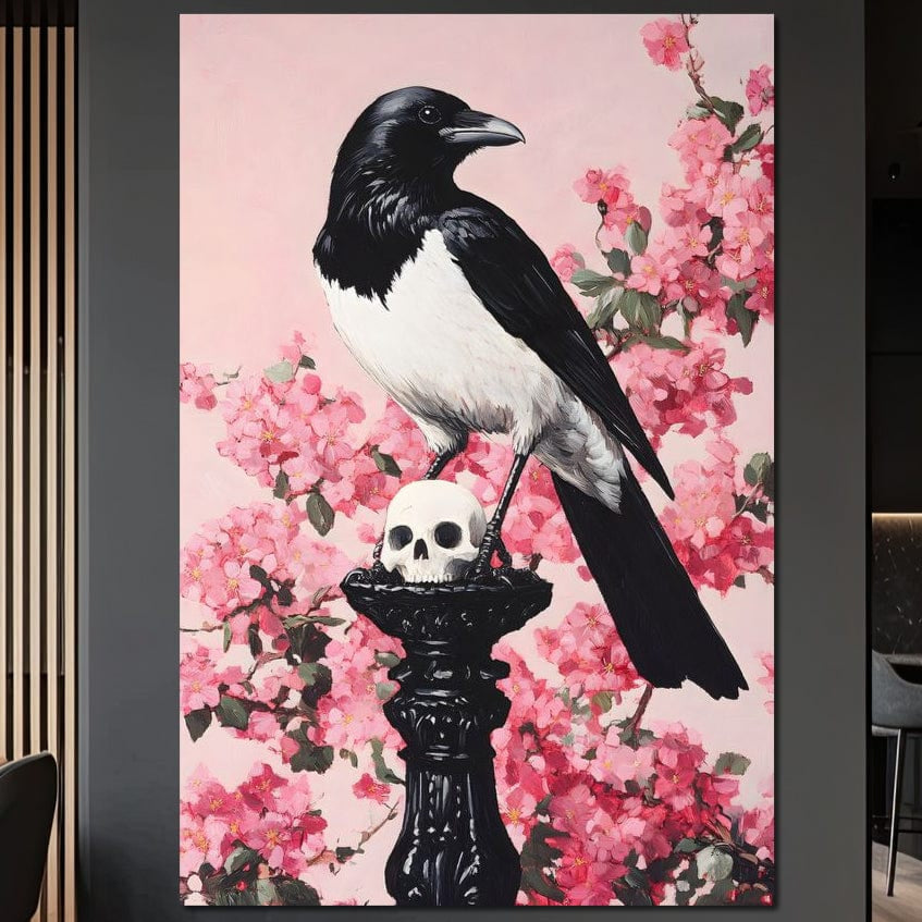 tablou canvas cu un corb pe un piedestal negru si gotic, pe fundal floral roz
