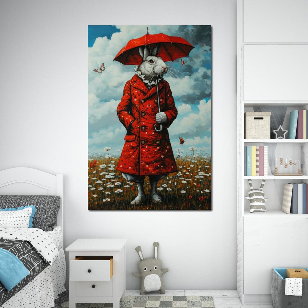 Tablou Canvas Premium, LuxCanva® K1005, Domnul Iepure si Fluturii, Plimbare, Ploaie, Rosu, Umbrela, Flori, Eleganta, Haina, Nasturi, Poveste, Basme, Animat, Camera Copii