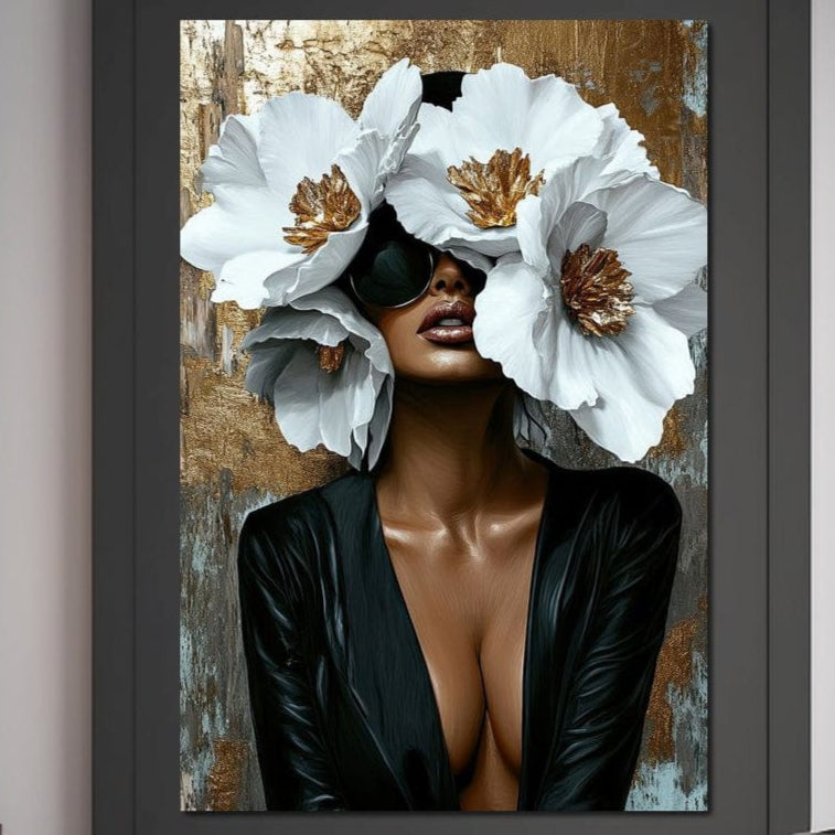 Tablou Canvas Premium, LuxCanva® G1189, Imparateasa Tacuta, Petale, Aur, Ochelari, Piele, Feminitate, Puternica, Lux, Silueta, Tacere, Liniste, Glamour, Artistic, Birou, Living, Dormitor