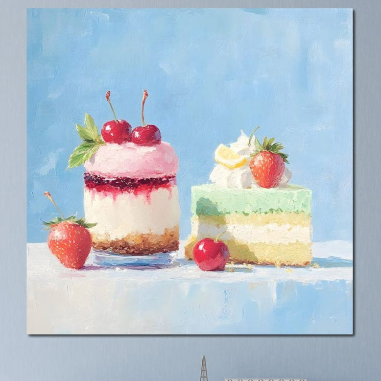 tablou canvas cu o prajitura si o felie de tort, decorate cu fructe proaspete, pe fundal pictat in nuante pastelate