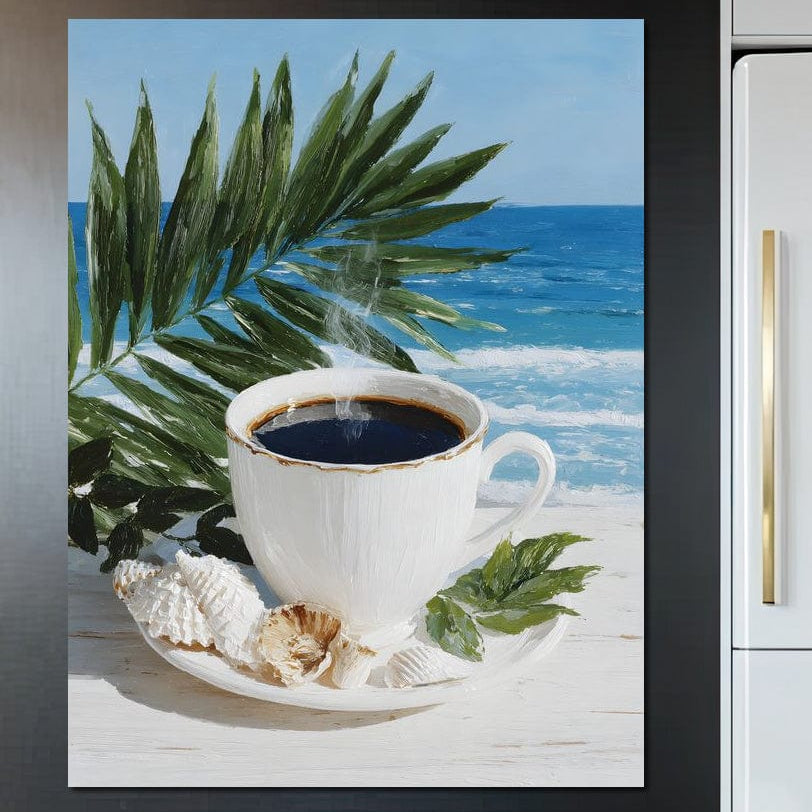 tablou canvas cu o ceasca alba de cafea, pe o farfurie cu scoici, pe o plaja cu vegetatie si marea albastra