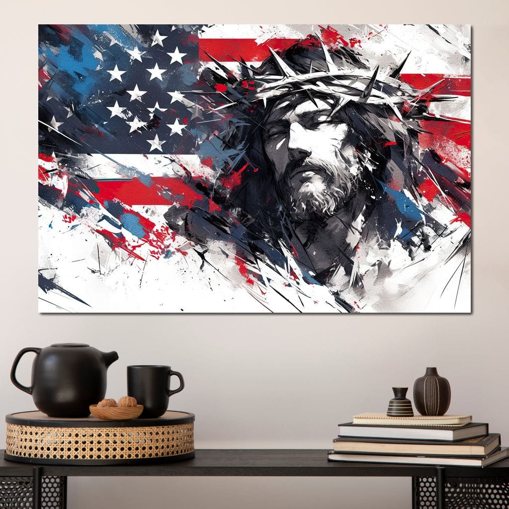 Tablou Canvas Premium LuxCanva® H1045, Credinta si Patrie, Patriotism, Drapel, Libertate, Coroana de Spini, Sacrificiu, Mantuire, Arta Religioasa, Living, Dormitor