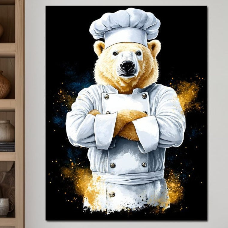 tablou canvas cu un urs imbracat in bucatar cu bratele incrucisate pe fundal cosmic auriu si negru