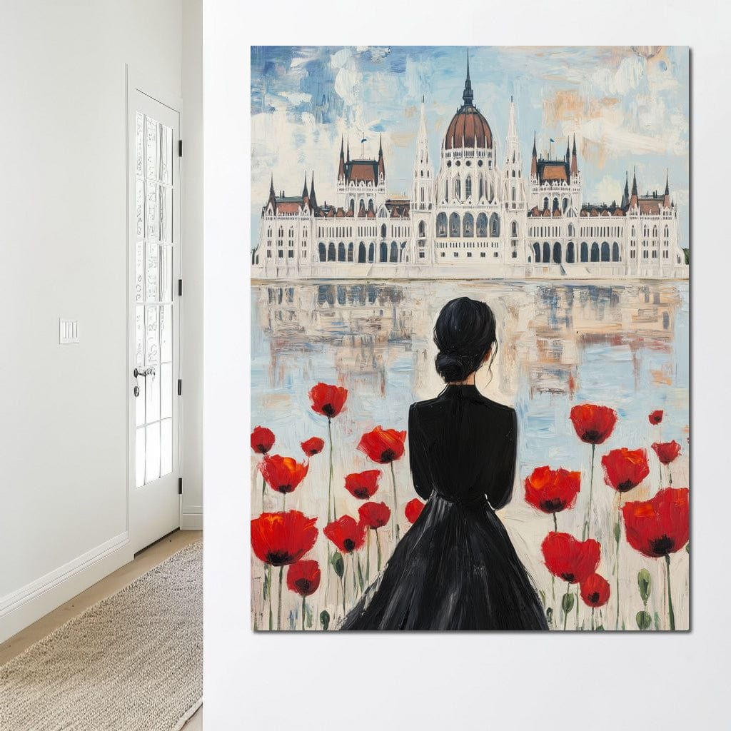 Tablou Canvas Premium, LuxCanva® G1120, Vis la Budapesta, Maci, Flori, Palat, Oras, Dunare, Rosu, Visare, Tacere, Femeie, Living, Dormitor