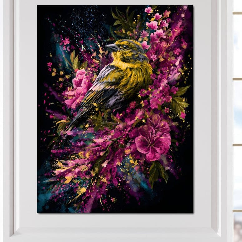 tablou canvas cu o pasare cu penaj viu colorat, pe o coroana cu flori roz, pe fundal negru