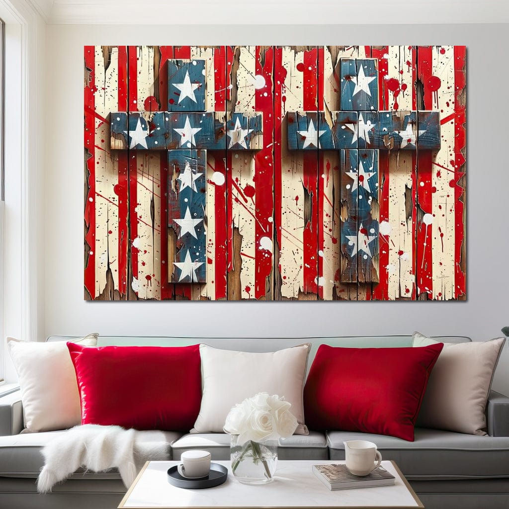 Tablou Canvas Premium LuxCanva® H1041, Crucea Libertatii, Credinta, Cruce, Libertate, Patriotism, Drapel, Stele, Simbol Crestin, Arta Patriotica, Living, Dormitor