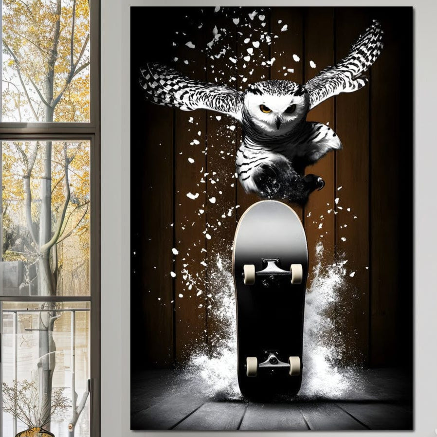 tablou canvas cu o bufnita alba in zbor spectaculos pe un skateboard