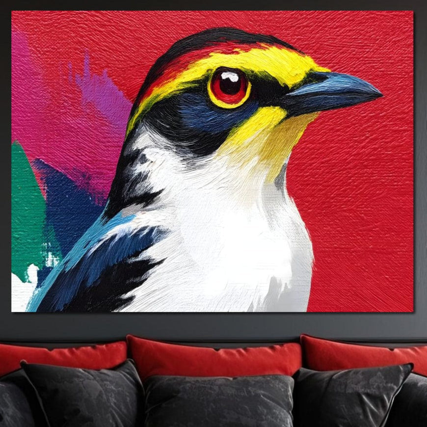 tablou canvas cu o pasare multicolora, conturata expresiv pe fundal rosu intens intr-un portret grafic modern