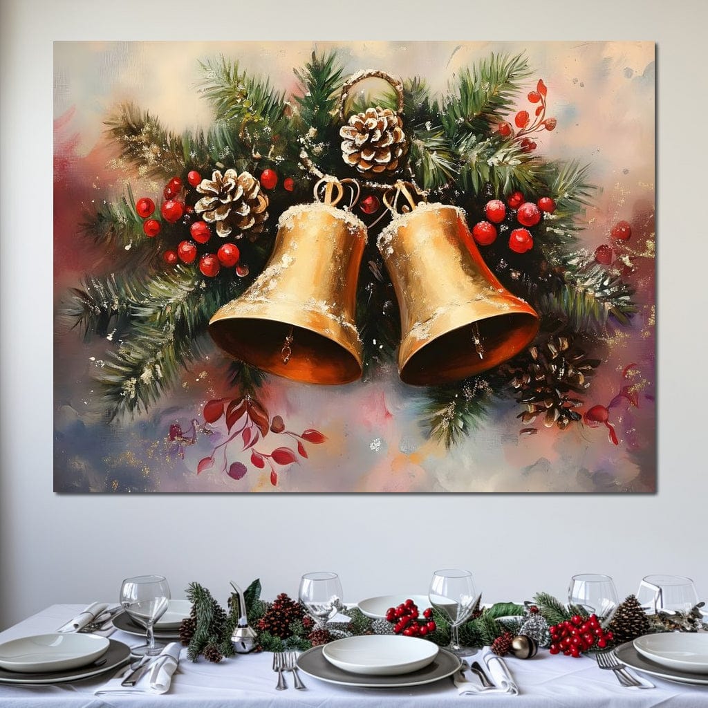 Tablou Canvas Premium, LuxCanva® D1089, Colindul Clopotelor, Aur, Christmas, Stralucire, Ecou, Festiv, Magie, Sunet, Spirit, Zvon, Brad, Simfonie, Pin, Conuri, Iarna, Rosu, Camera Copil, Living, Dormitor