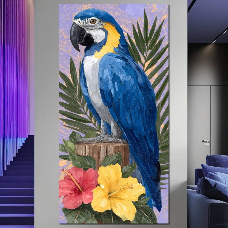 tablou canvas cu un papagal exotic cu penaj multicolor, inconjurat de frunzis tropical si flori galbene si rosii