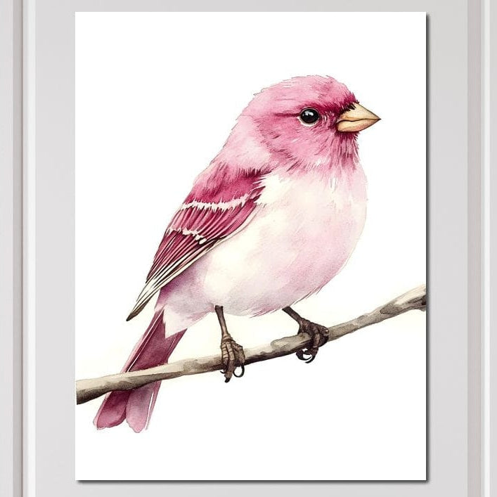 tablou canvas cu o pasare cu penaj roz, pe o crenguta, pe fundal alb simplu