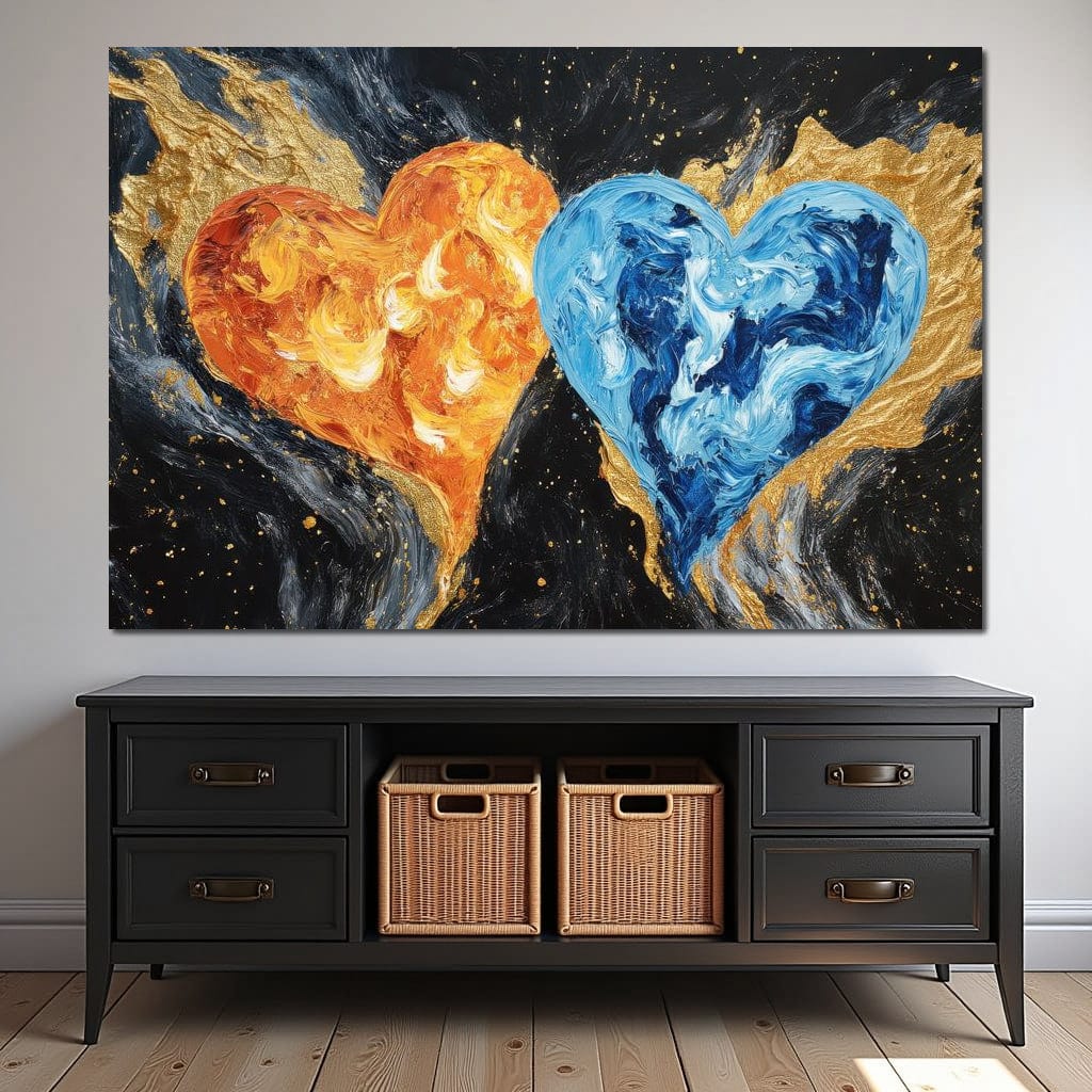 Tablou Canvas Premium LuxCanva® E1005, Inimi de Foc si Gheata, Foc, Apa, Gheata, Pasiune, Infinit, Living Room, Culori vibrante