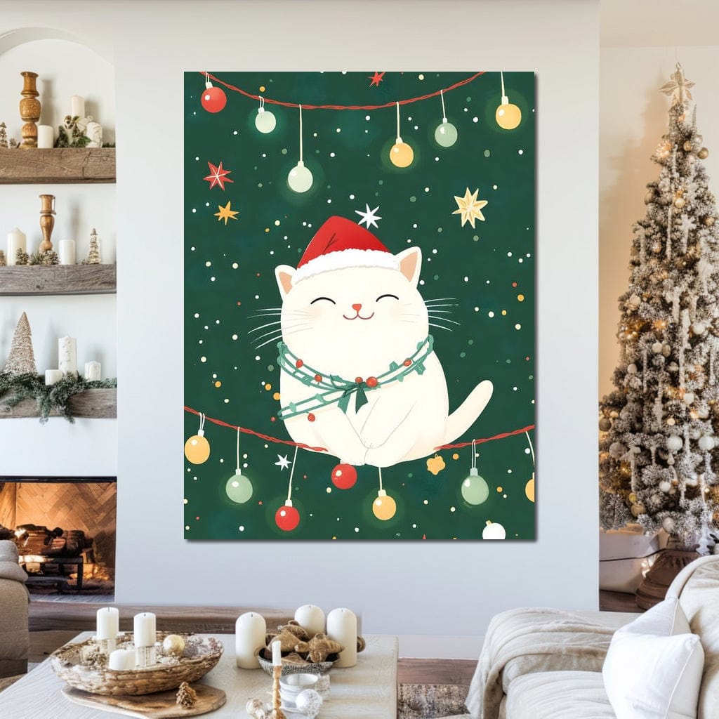 Tablou Canvas Premium, LuxCanva® D1092, Craciunul Pisicii Jucause, Christmas, Globuri, Cadouri, Pisica, Dragalas, Animal, Companie, Verde, Rosu, Bucurie, Straie, Magie, Camera Copil, Living, Dormitor