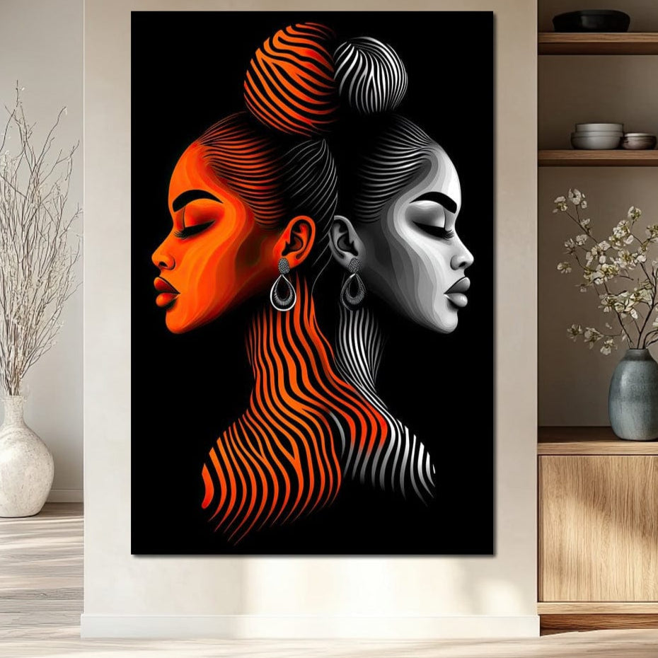 Tablou Canvas Premium, LuxCanva® G1161, Yin si Yang Feminin, Dualitate, Fete, Frumusete, Foc, Gheata, Opozitie, Dubla, Identitate, Lumini, Umbre, Stilizat, Armonie, Birou, Living, Dormitor