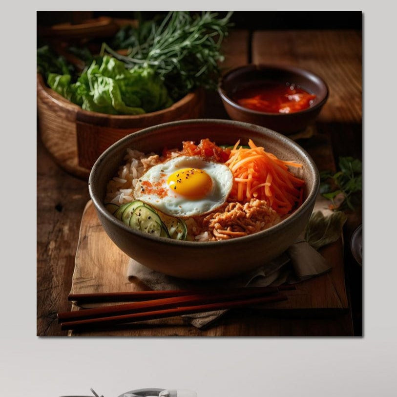 tablou canvas cu mancare asiatica, cu ou prajit, morcovi, orez si castraveti intr-un bol oriental, pe o masa de lemn alaturi de sos rosu si verdeturi
