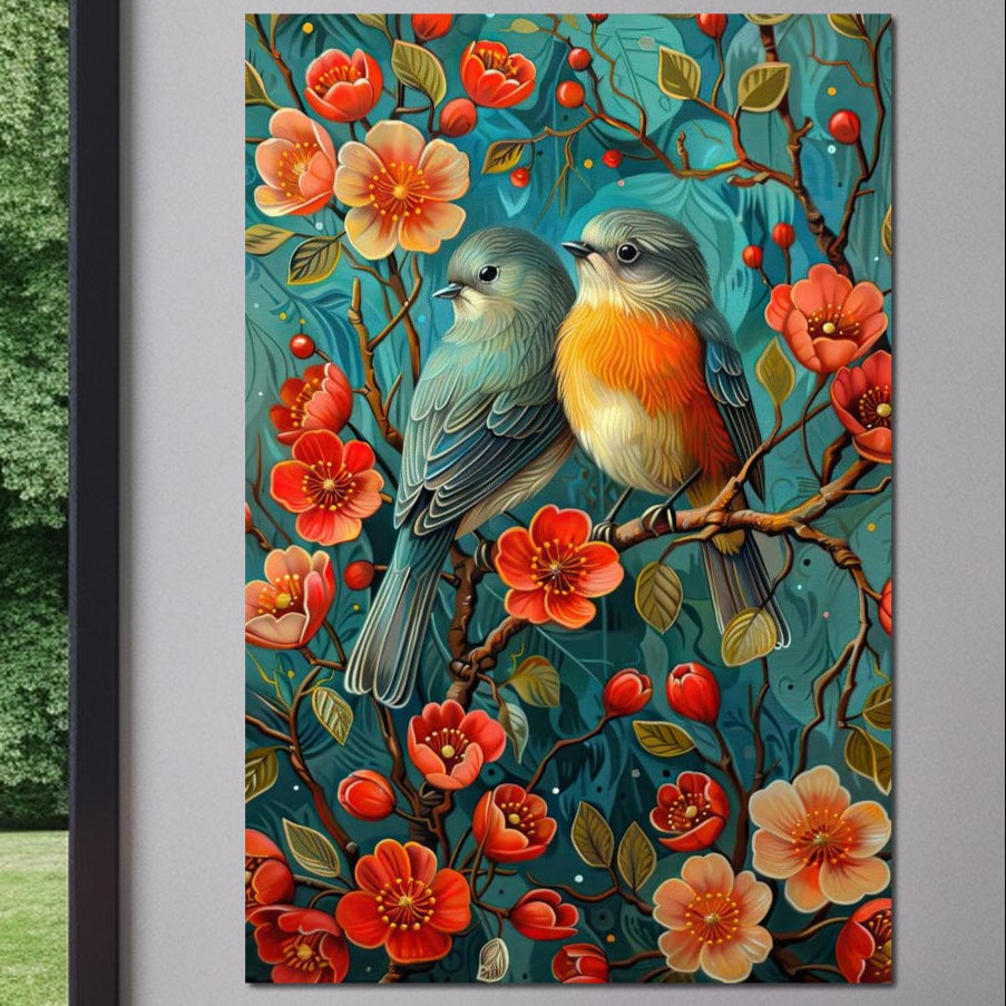 tablou canvas cu doua pasari colorate pe o ramura inconjurate de muguri si flori rosii
