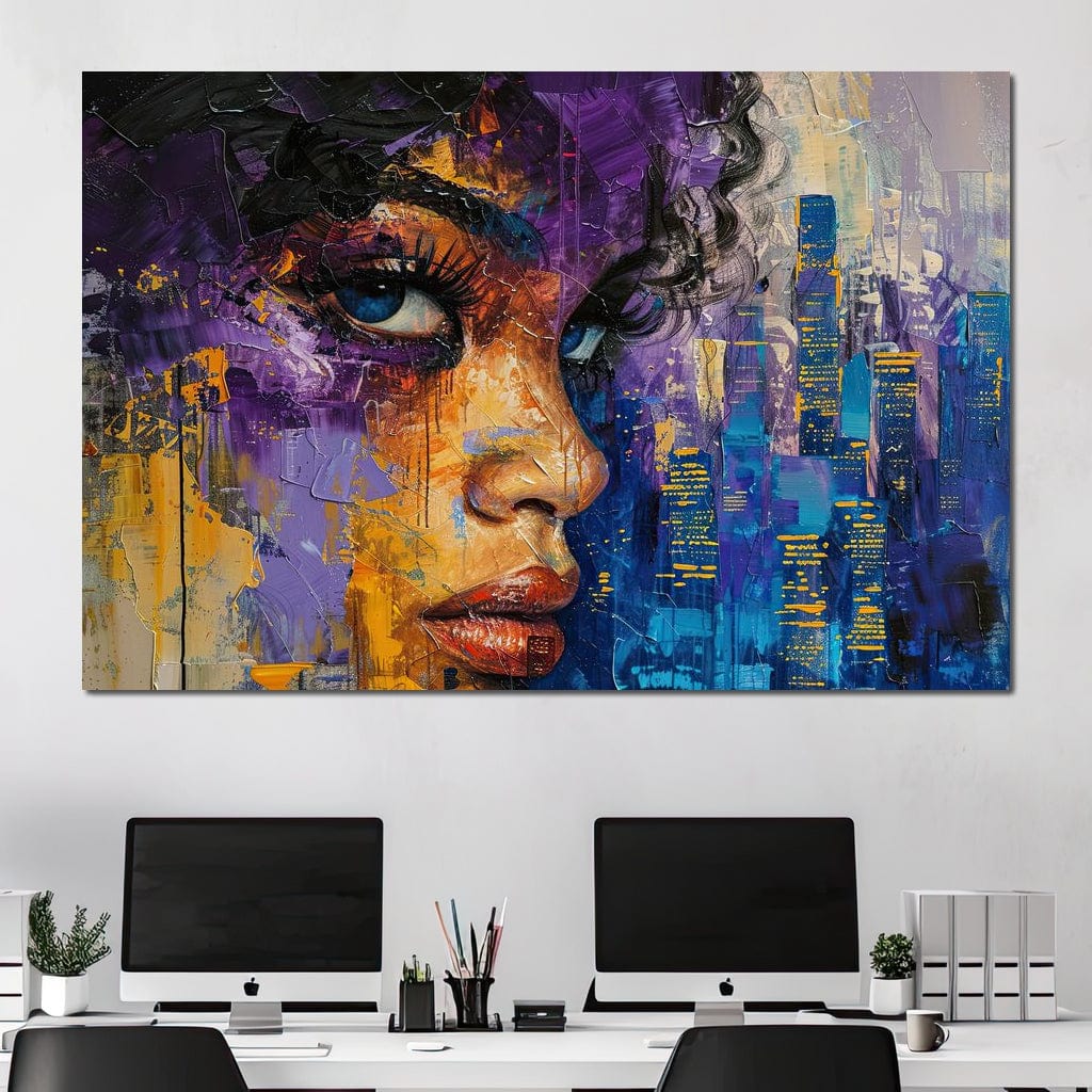 Tablou Canvas Premium LuxCanva® G1010, Femeia si Lumina Orasului , Urban, Metropola, Privire, Femeie, Violet, Living, Dormitor, Culori vibrante