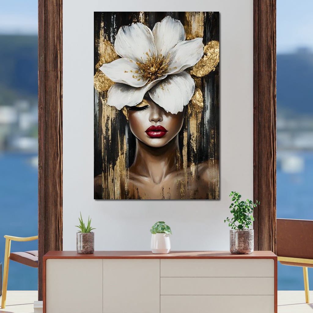 Tablou Canvas Premium, LuxCanva® G1103, Femeia de Sub Floare, Chip, Angelic, Inflorire, Delicatete, Fragilitate, Pasiune, Flori, Living, Dormitor