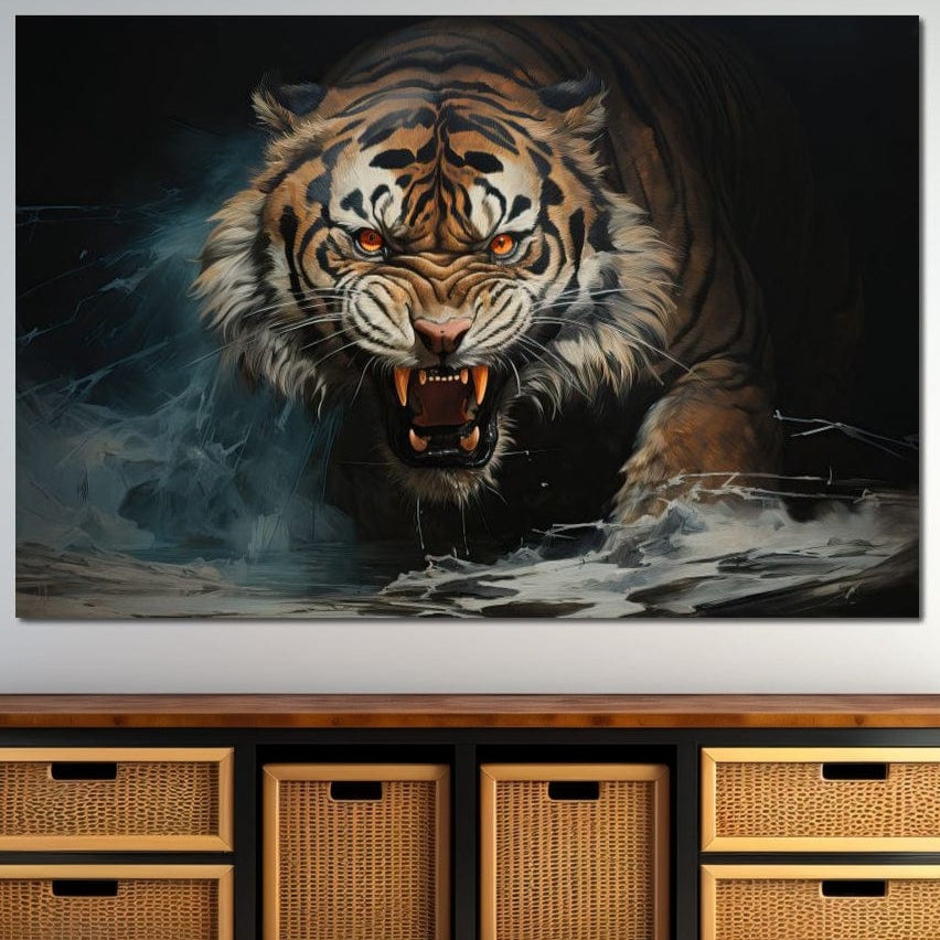 tablou canvas cu un tigru fioros cu ochii rosii si colti ascutiti, pe fundal intunecat
