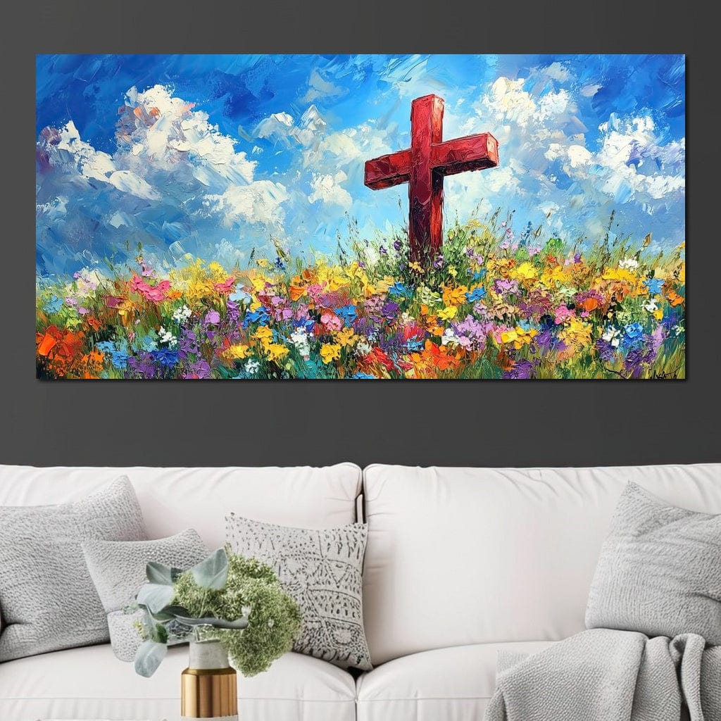 Tablou Canvas Premium LuxCanva® H1059, Gradina Raiului, Credinta, Cruce, Flori, Gradina, Lumina, Rasarit, Speranta, Puritate, Spiritualitate, Simbol Sacru, Living, Dormitor