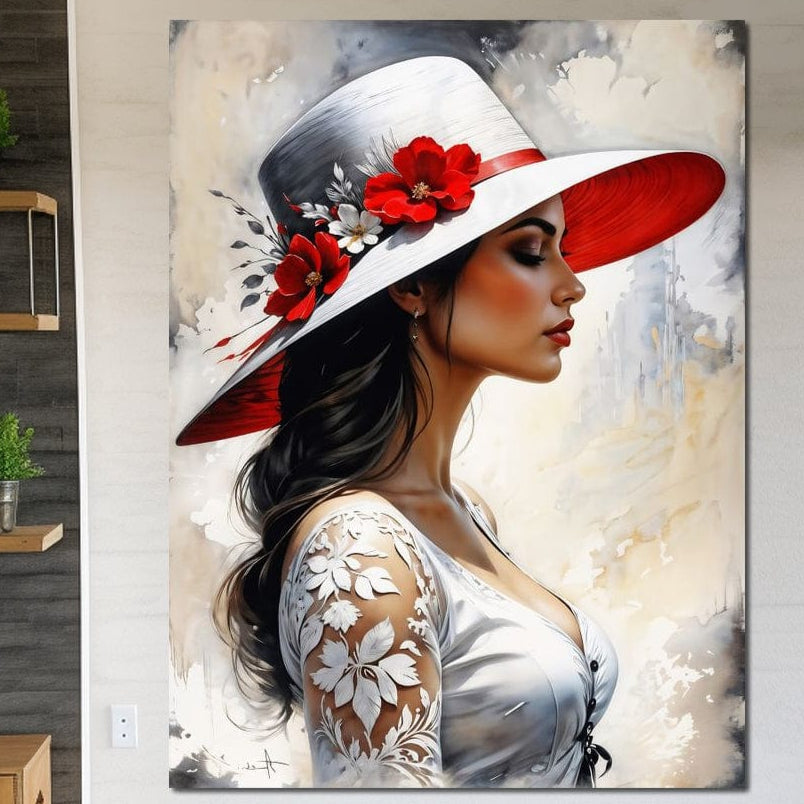 Tablou Canvas Premium, LuxCanva® G1166, Profil de Epoca, Doamna, Palarie, Alb, Rosu, Flori, Dantela, Liniste, Gratie, Romantism, Broderie, Rochie, Vintage, Gratie, Birou, Living, Dormitor