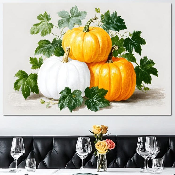 tablou canvas cu trei dovleci cu frunze, pe fundal alb