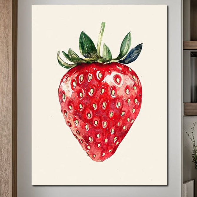 tablou canvas cu o capsuna, desenata in culori vibrante pe fundal alb