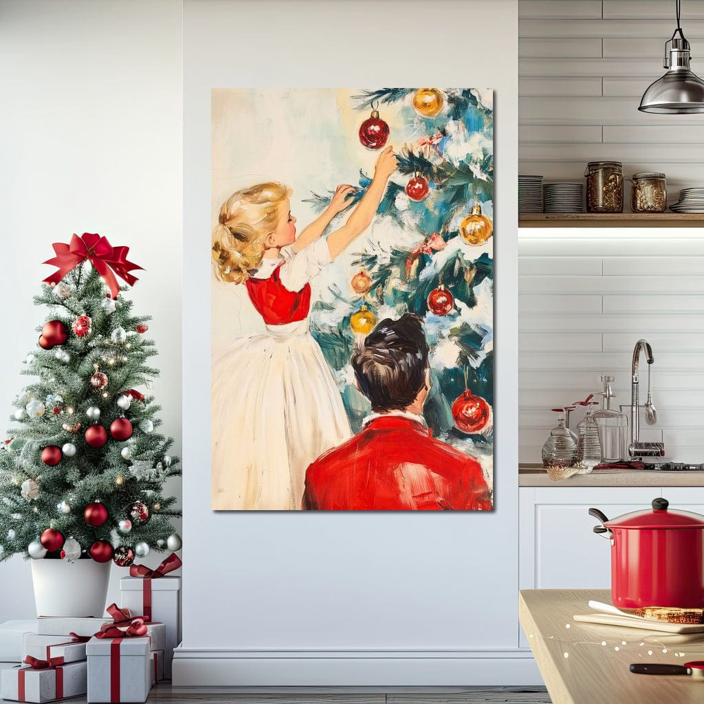 Tablou Canvas Premium LuxCanva® D1016, Fetita Impodobind Bradul , Ramuri, Brad, Impodobit, Familie, Globuri, Living Room, Culori vibrante