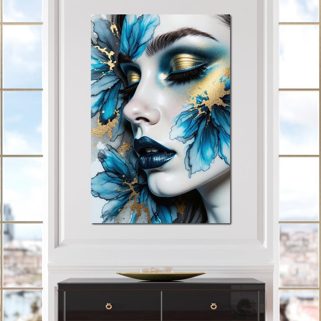 Tablou Canvas Premium, LuxCanva® G1241, In Flori de Gheata, Regina, Albastru, Aur, Vraja, Frig, Floare, Iarna, Cristal, Inima, Azur, Eclipsa, Renastere, Tacere, Liniste, Fotomodel, Salon, Living, Dormi