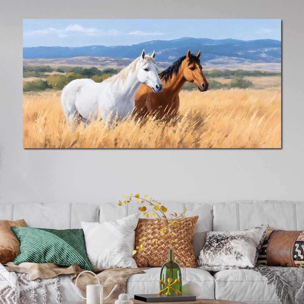 tablou canvas cu un cal alb si un cal maro, intr-un lan auriu, pe fundal cu peisaj natural luminos