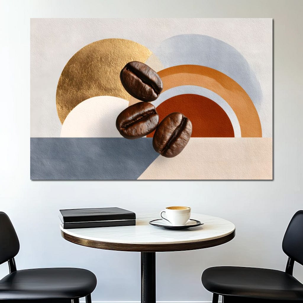 tablou canvas cu trei boabe de cafea, pe fundal abstract cu forme in nuante reci si calde